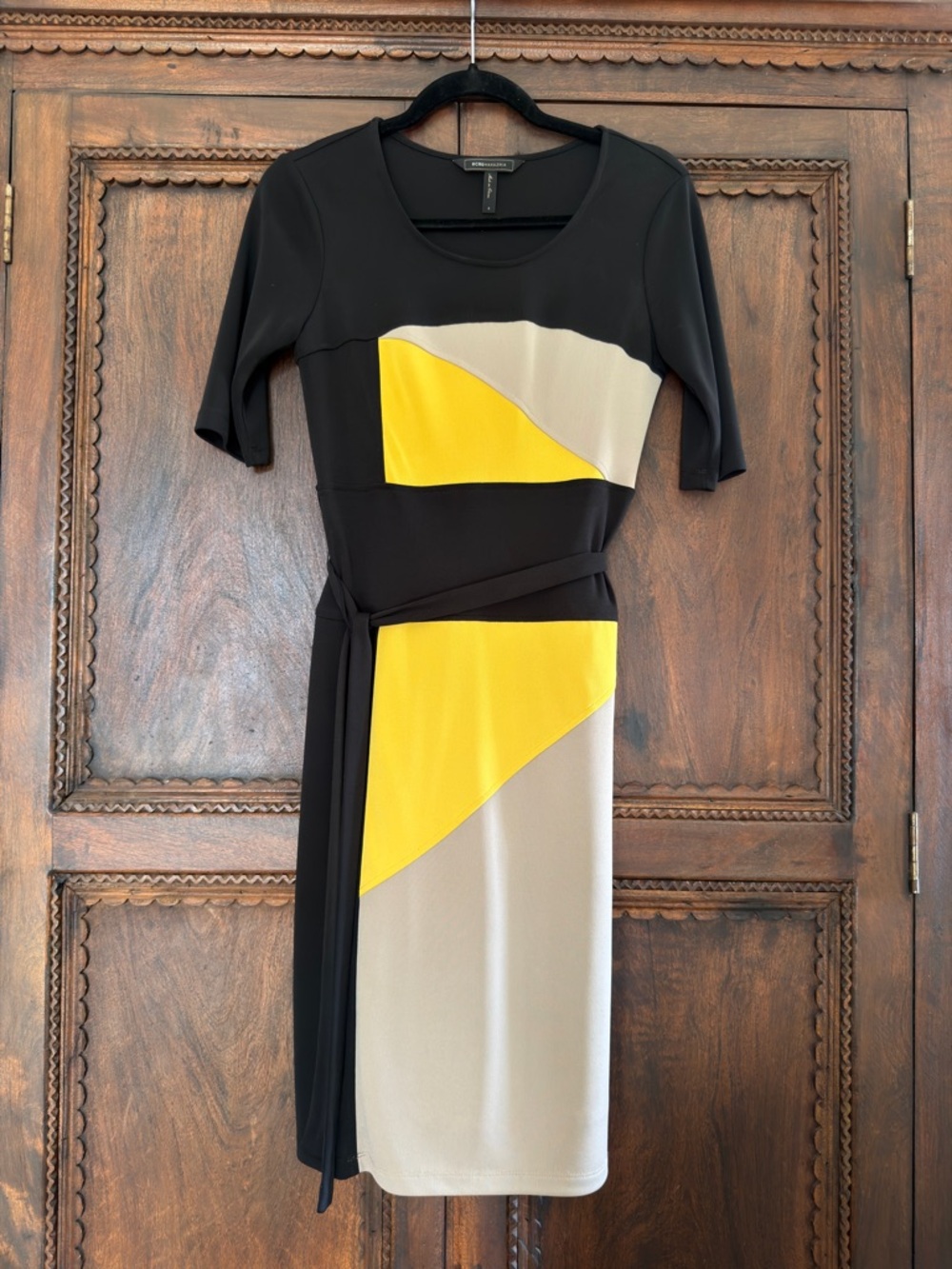 BCBGMaxAzria Black, Yellow & Cream Colorblock Midi Dress